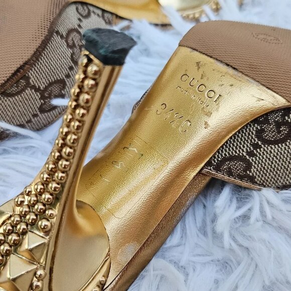 Gucci Women Heel Sandal GG Web Gold Tone Buttom Made Italy Size 34.5 - Picture 13 of 14